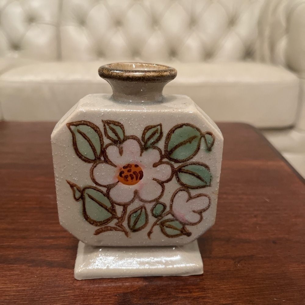 Vintage Square Salt Glazed Flat Floral Painted Stoneware Small Bud Vase
